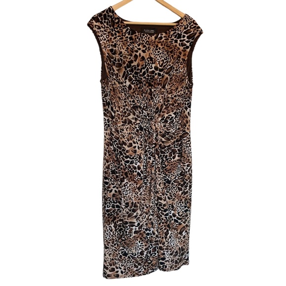 EVAN PICONE BLACK LABEL Animal Print Short Sleeve Ruched-Front Dress - Size 16 - Picture 1 of 9